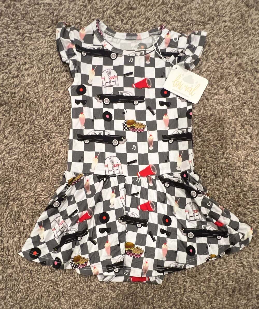 Lori + Val bamboo Bodysuit Dress Size 18-24 M Checkered Retro Car Print